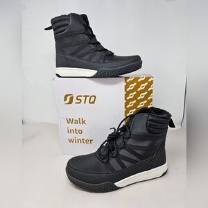 STQ Ankle Boots Womens Sz 9 Black Faux Leather Side Zip Front Tie Casual